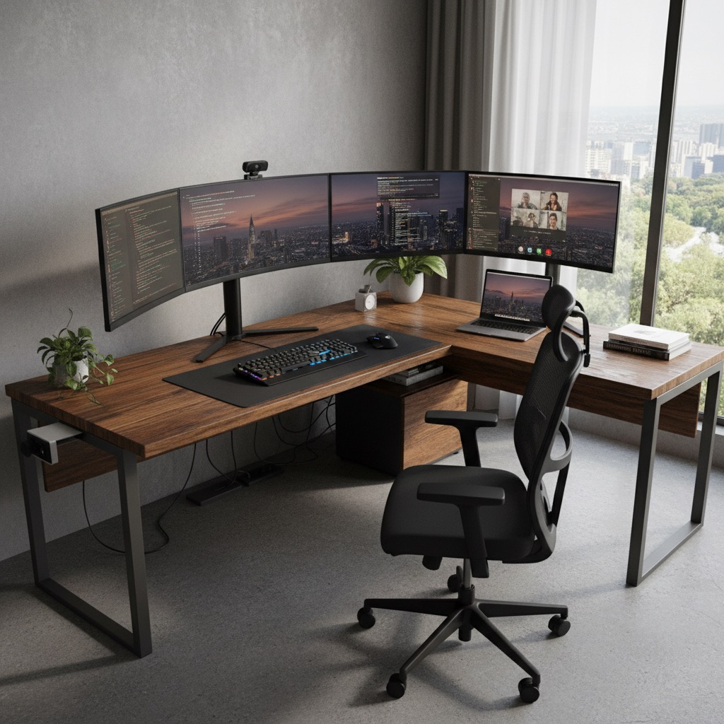 A modern home office setup features an L-shaped wooden desk with three curved monitors displaying code and a video call, accompanied by an ergonomic black chair.